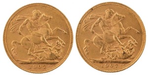 Coins - Australia: 1907 Sovereigns, Edward VII, St. George reverse, Perth, EF/aUnc. (2).