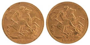 Coins - Australia: 1908 & 1909 Sovereigns, Edward VII, St. George reverse, Perth, EF/Unc. (2).