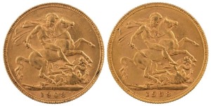 Coins - Australia: 1908 Sovereigns, Edward VII, St. George reverse, Perth, EF. (2).