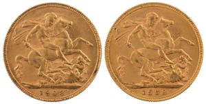 Coins - Australia: 1908 Sovereigns, Edward VII, St. George reverse, Perth, EF. (2).