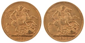 Coins - Australia: 1909 Sovereigns, Edward VII, St. George reverse, Perth, EF. (2).