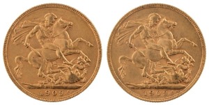 Coins - Australia: 1909 Sovereigns, Edward VII, St. George reverse, Perth, EF. (2).