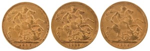 Coins - World: Great Britain: 1902, 1903 & 1904 Sovereigns, Edward VII, St. George reverse, VF/EF. (3).