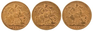 Coins - World: Great Britain: 1902, 1903 & 1904 Sovereigns, Edward VII, St. George reverse, VF/EF. (3).