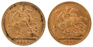Coins - World: Great Britain: 1902 Sovereigns, Edward VII, St. George reverse, VF/EF. (2).