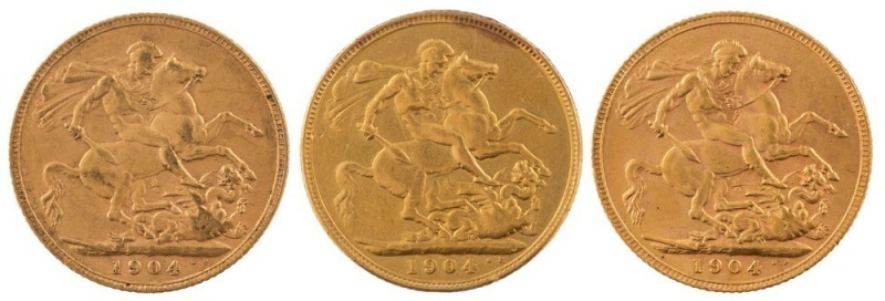 Coins - World: Great Britain: 1904 Sovereigns, Edward VII, St. George reverse, VF/EF. (3).