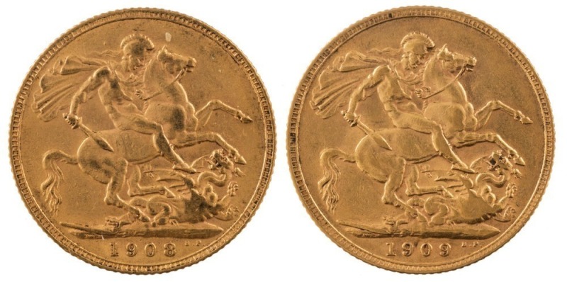 Coins - World: Great Britain: 1908 & 1909 Sovereigns, Edward VII, St. George reverse, VF/EF. (2).