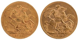 Coins - World: Great Britain: 1909 & 1910 Sovereigns, Edward VII, St. George reverse, EF/aUnc. (2).