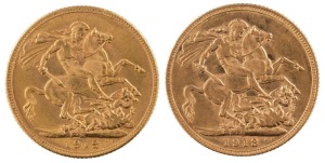 Coins - Australia: 1912 & 1913 Sovereigns, George V, St. George reverse, Melbourne, aUnc. (2).