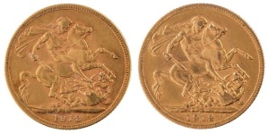 Coins - Australia: 1912 Sovereigns, George V, St. George reverse, Melbourne, EF. (2).