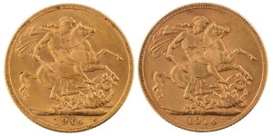 Coins - Australia: 1914 Sovereigns, George V, St. George reverse, Melbourne, EF. (2).