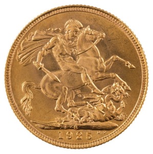 Coins - Australia: 1925 Sovereign, George V, St. George reverse, Sydney, Unc.