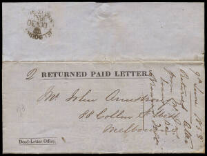 1853 to 1900's group of covers and postcards with various frankings and postal markings. Noted 1863 Yackandandah - Urana NSW with Ten Mile Creek NSW b/stamp, a 1853 "Returned Paid Letter" from the Melbourne P.O and a 1901 large OHMS envelope, 150 x 130mm,