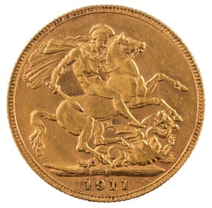 Coins - Australia: 1911 Sovereign, George V, St. George reverse, Perth, EF.