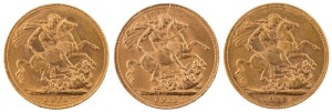 Coins - Australia: 1913 Sovereigns, George V, St. George reverse, Perth, EF/EF+ (3).