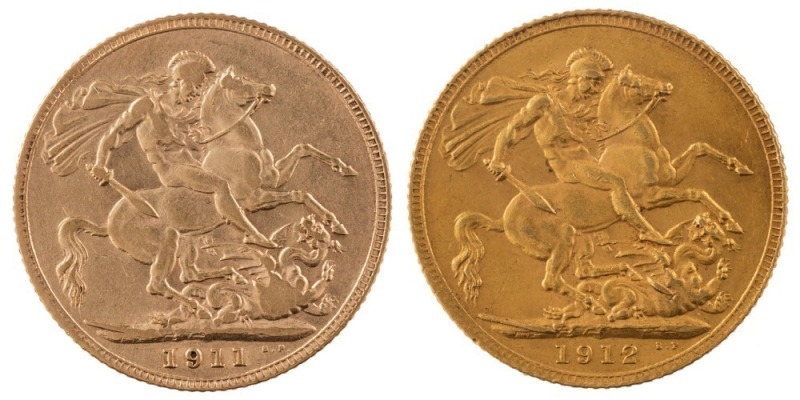 Coins - World: Great Britain: 1911 & 1912 Sovereigns, George V, St. George reverse, EF. (2).