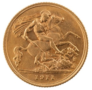 Coins - Australia: 1911 Half Sovereign, George V, St. George reverse, Sydney, aUnc.