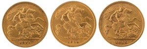 Coins - Australia: 1911, 1914 & 1915 Half Sovereigns, George V, St. George reverse, Sydney, EF. (3).