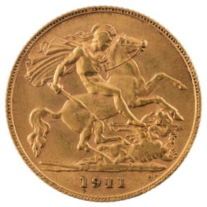 Coins - World: Great Britain: 1911 Half Sovereign, George V, St. George reverse, VF.