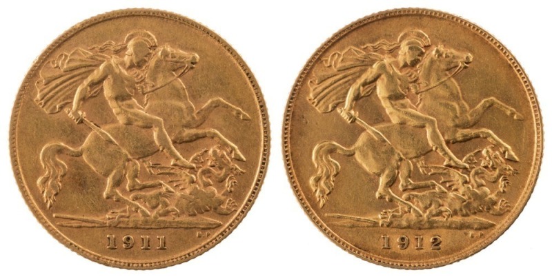 Coins - World: Great Britain: 1911 & 1912 Half Sovereigns, George V, St. George reverse, VF/EF. (2).