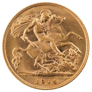 Coins - World: Great Britain: 1914 Half Sovereign, George V, St. George reverse, Unc.