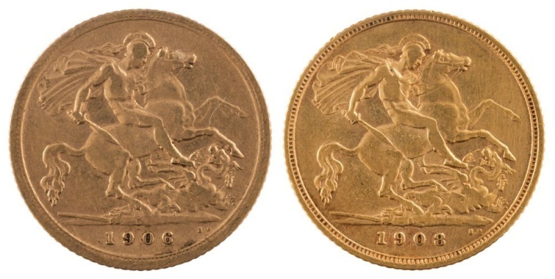 Coins - Australia: 1906 & 1908 Half Sovereigns, Edward VII, St. George reverse, Sydney, VF/VF+. (2).