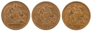 Coins - Australia: 1903, 1906 & 1908 Half Sovereigns, Edward VII, St. George reverse, Sydney, VF/EF. (3).