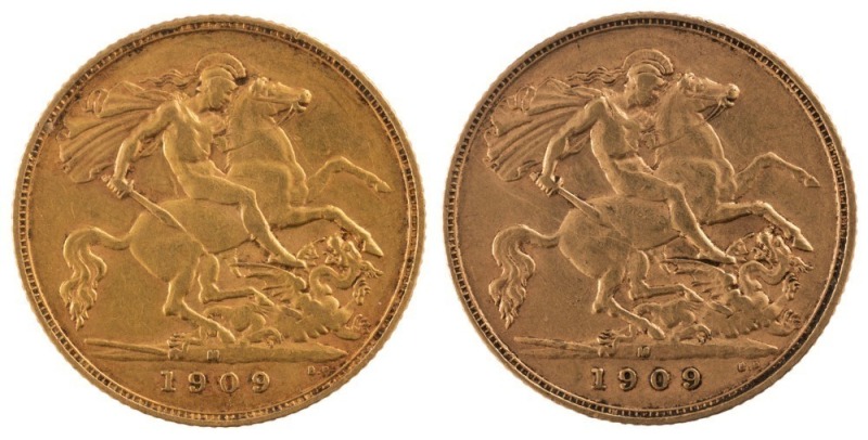 Coins - Australia: 1909 Half Sovereigns, Edward VII, St. George reverse, Melbourne, VF/EF. (2).