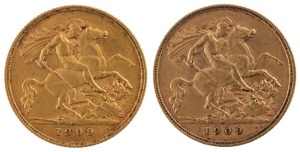 Coins - Australia: 1909 Half Sovereigns, Edward VII, St. George reverse, Melbourne, VF/EF. (2).