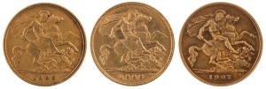 Coins - World: Great Britain: 1905, 1906 & 1907 Half Sovereigns, Edward VII, St. George reverse, VF/EF. (3).