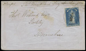 1859 (May.4) Melbourne - England cover with 6d QOT roulette (SG.73), lightly tied with barred "1" obliterator. On the reverse Melb. "MY 17 59" and Honiton "AU 17 59" datestamps. The cover was on the ill fated S.S. Columbian which had a series of mechanica