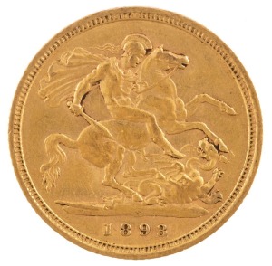 Coins - Australia: 1893 Half Sovereign, Veiled head, St. George reverse, Sydney, EF.