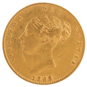 Coins - World: Great Britain: 1863 Half Sovereign, Young Head, Shield reverse, VF+.