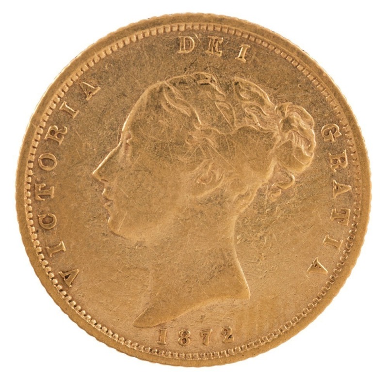 Coins - World: Great Britain: 1872 Half Sovereign, Young Head, Shield reverse, Die number 122, EF.