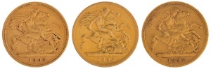 Coins - World: Great Britain: 1895, 1896 & 1897 Half Sovereigns, Veiled head, St. George reverse, VF/VF+. (3)