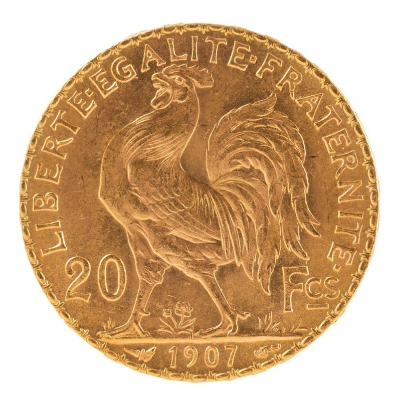 Coins - World: France: 1907 20fr Marianne, Rooster reverse, EF.