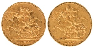 Coins - World: Great Britain: 1880 & 1884 Sovereigns, Young head, St. George reverse, VF. (2).