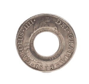 1813 HOLEY DOLLAR (FIVE SHILLINGS): struck on Charles IIII Mexico City Mint 1806 Eight Reales. Very Fine. The "Ashburner" example, #1808/10 at page 63 in the Mira and Noble Listing (March 1988).