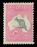 Kangaroos - First Watermark: 5/- Grey & Yellow (crease) and 10/- Grey & Pink (gum bend), mint hinged; BW:42 & 47 - Cat. $2,900. (2)