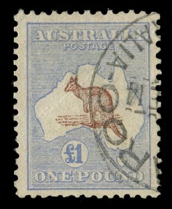 Kangaroos - Third Watermark: £1 Light Brown & Pale Blue, very well centred, light paper wrinkle, cds cancel; BW:52D - Cat. $2500.