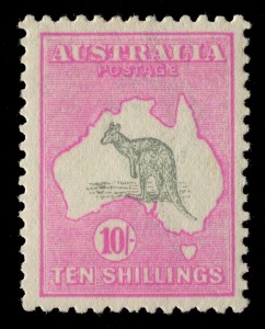 Kangaroos - Third Watermark: 10/- Grey & Pale Aniline Pink, very well centred, MLH; BW:48E - Cat. $850.