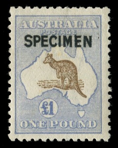 Kangaroos - Third Watermark: £1 Brown & Blue and £2 Black & Rose optd 'SPECIMEN' Type B, £1 hinge remnant, £2 (nibbed perfs)  MLH; BW: 52x & 56x - Cat. $1600.