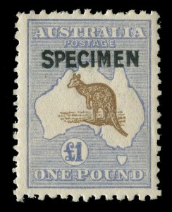 Kangaroos - Third Watermark: £1 Brown & Blue overprinted SPECIMEN Type B, unmounted.