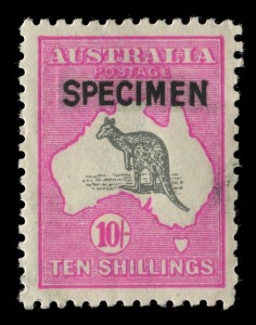 Kangaroos - Third Watermark: 10/- Grey & Deep Aniline Pink overprinted SPECIMEN Type B, unmounted.
