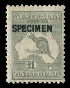 Kangaroos - Third Watermark: £1 Grey overprinted SPECIMEN Type B, light bend at lower left corner, unmounted.