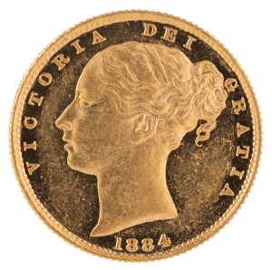 Coins - Australia: 1884 Sovereign, Young head, Shield reverse, Sydney, aUnc.