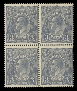 KGV Heads - Small Multiple Watermark Perf 14: 3d Ultramarine (Die 1a) block(4) yielding two Type A+B horizontal pairs [BW.106c] Cat.$750; UR unit additionally with variety BW.106(3,4)j "White spot over king's head (Type B)"; MUH.