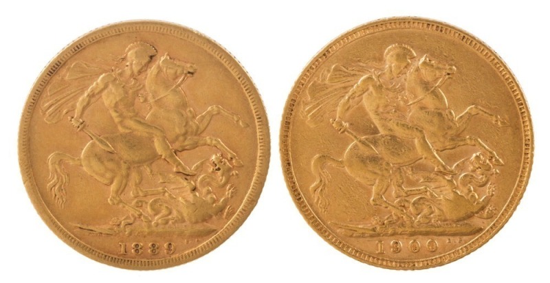 Coins - World: Great Britain: 1889 Jubilee head and 1900 Veiled head Sovereigns, St. George reverses, F/VF. (2).