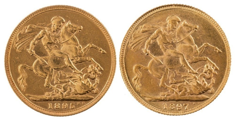 Coins - World: Great Britain: 1895 & 1897 Sovereigns, Veiled head, St. George reverse, EF/Unc. (2).