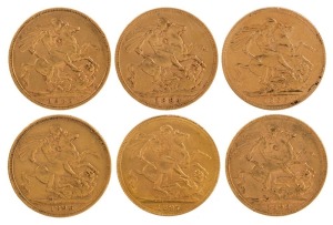 Coins - World: Great Britain: 1893, 1894, 1895, 1896, 1897 & 1898 Sovereigns, Veiled head, St. George reverse, VF/EF. (6).